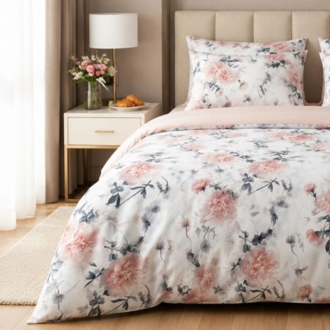 Lenjerie de pat dublu Floral Whisper din bumbac ranforce premium cu bujori roz pudrat