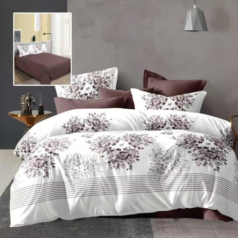 Lenjerie de pat dublu alba cu imprimeu flori mov gri si cearsaf drept maro inchis