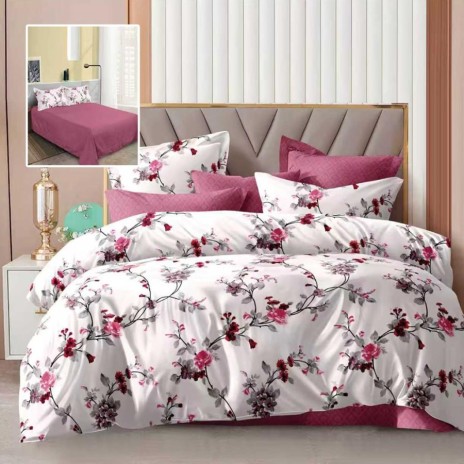 Lenjerie de pat dublu alba cu imprimeu flori roz inchis si cearsaf drept roz inchis