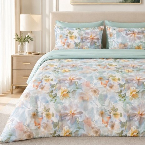 Lenjerie de pat dublu Garden Riviere din bumbac ranforce premium cu flori pastelate si verde menta