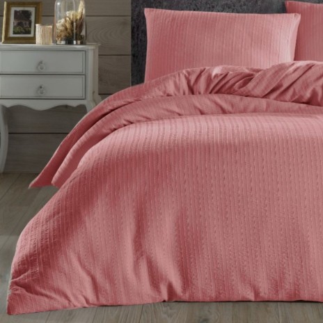 Lenjerie de pat roz, țesătură jacquard creponat, 100% bumbac ranforce, set 4 piese.