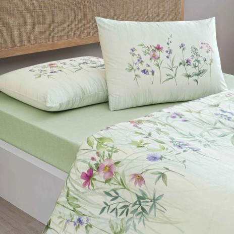 Lenjerie de pat dublu Lioren TAC bumbac ranforce model cu flori de camp pe fond verde pal