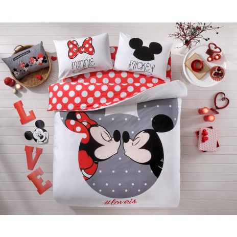 Lenjerie de pat dublu Disney Love is, imprimeu Minnie și Mickey Mouse, roșu alb gri, 4 piese, bumbac, cearceaf elastic, fata perna, cearceaf pilota