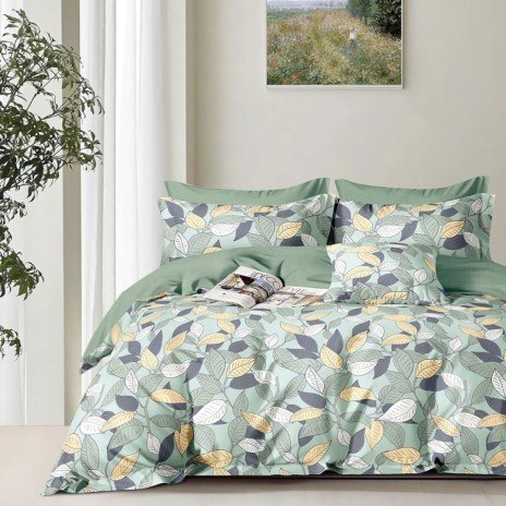 Llenjerie pat percale bumbac 100% cu frunze verzi si galbene pe fundal mentă