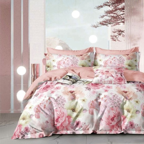 Lenjerie pat percale bumbac 100% cu design floral în tonuri de roz, ivory și verde pastel