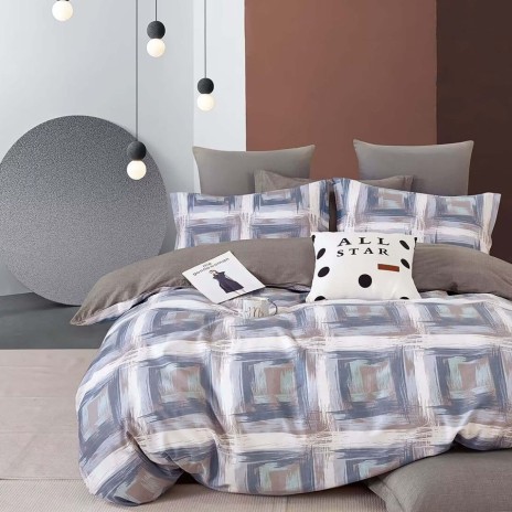 Lenjerie pat percale bumbac 100% cu design geometric alb și gri