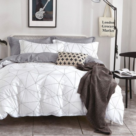 Lenjerie pat percale bumbac 100% cu design geometric alb și gri