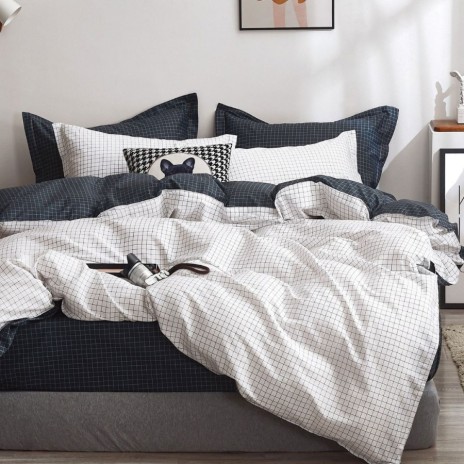 Lenjerie de pat alb-negru cu pătrățele din bumbac percale, fabricata in Romania