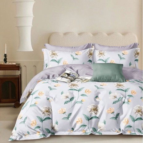 Lenjerie gri cu flori crem și piersică din bumbac 100% percale, fabricata in Romania
