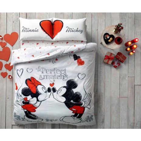 Lenjerie de pat dublu Disney Perfect Match, imprimeu alb negru roșu, Minnie și Mickey Mouse, 4 piese, bumbac