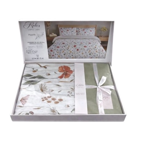 Lenjerie de pat dublu Poppelle din bumbac ranforce premium cu flori de primavara si cearceaf 240x250 cm