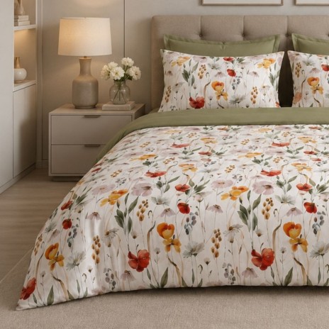 Lenjerie de pat dublu Poppelle din bumbac ranforce premium cu flori de primavara si cearceaf 240x250 cm