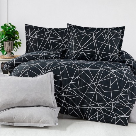 Lenjerie de pat dublu ranforce 4 piese design abstract negru cu linii albe