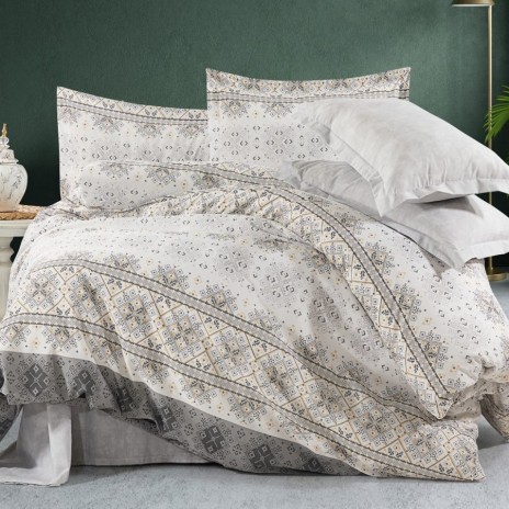 Lenjerie de pat dublu ranforce 4 piese cu design geometric in nuante de gri, bej si alb din bumbac