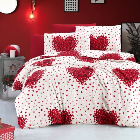 Lenjerie de pat dublu ranforce 4 piese cu design inimi rosii pe fundal alb din bumbac