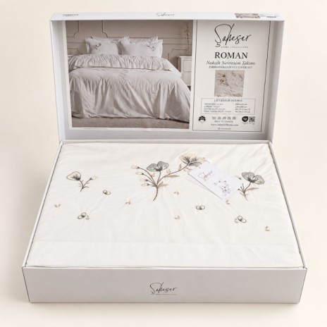 Lenjerie de pat dublu Roman crem deschis cu broderii florale, 6 piese, Saheser Home
