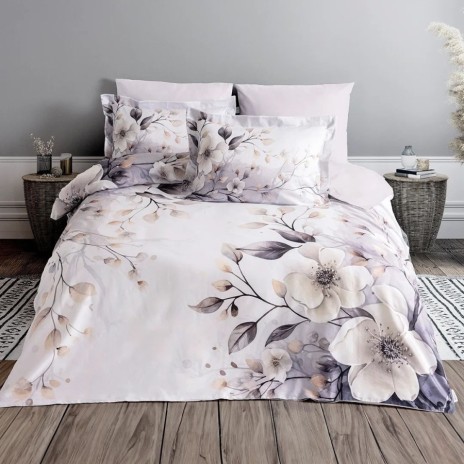 lenjerie pat dublu satin 6 piese gri cu magnolii Altinbasak Begonia