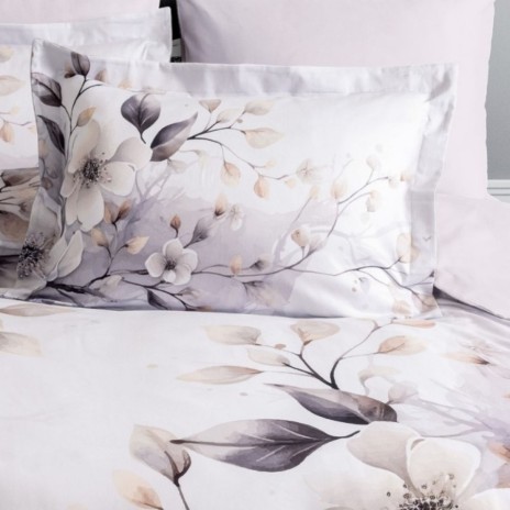 lenjerie pat dublu satin 6 piese gri cu magnolii Altinbasak Begonia