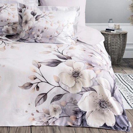 lenjerie pat dublu satin 6 piese gri cu magnolii Altinbasak Begonia