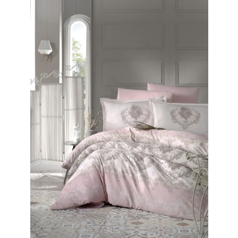 Lenjerie de pat satin de lux cu motive florale roz și gri pe fundal alb, set de 6 piese