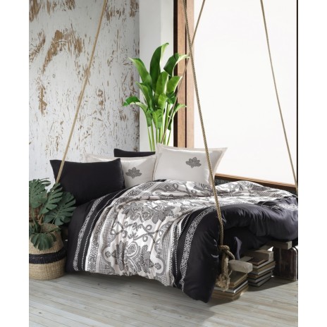Lenjerie de pat dublu satin de lux Ahiska cu flori alb-negru și borduri decorative