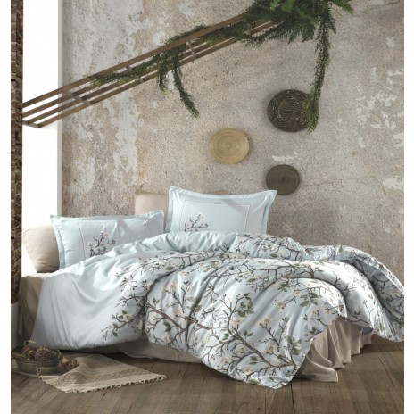 Lenjerie de pat dublu satin de lux mint cu design de ramuri și flori