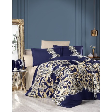 Lenjerie de pat satin de lux cu motive baroc aurii și crem pe fundal albastru închis, set de 6 piese