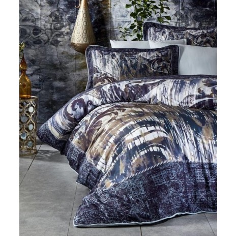 Lenjerie de pat din satin de lux model Andrea albastru-maro cu design abstract