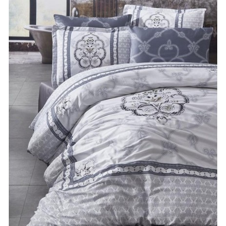 Lenjerie de pat din satin de lux model Cotto alb-gri cu design geometric și floral