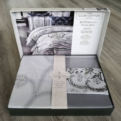 Lenjerie de pat din satin de lux model Cotto alb-gri cu design geometric și floral