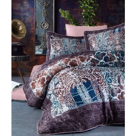 Lenjerie de pat din satin de lux model Lagri maro-albastru cu design floral