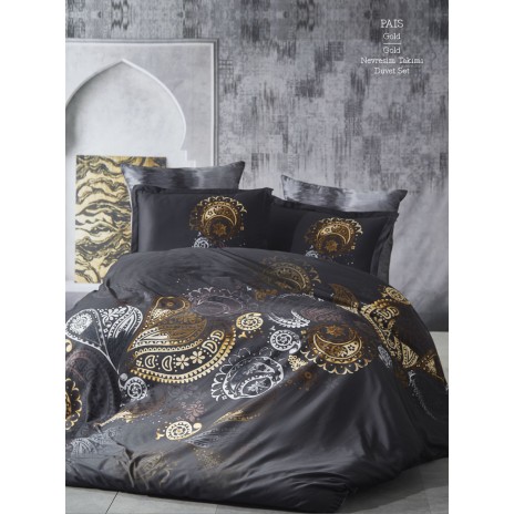 Lenjerie pat dublu Pais negru cu model paisley auriu și argintiu din bumbac satinat