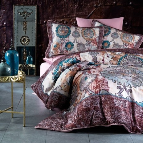 Lenjerie de pat din satin de lux model Voguer roz-albastru-maro cu design floral