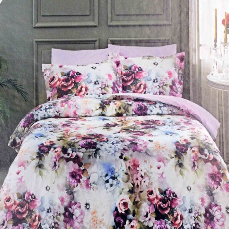 Lenjerie de pat satin de lux cu flori roz și mov pe fundal alb, set de 6 piese