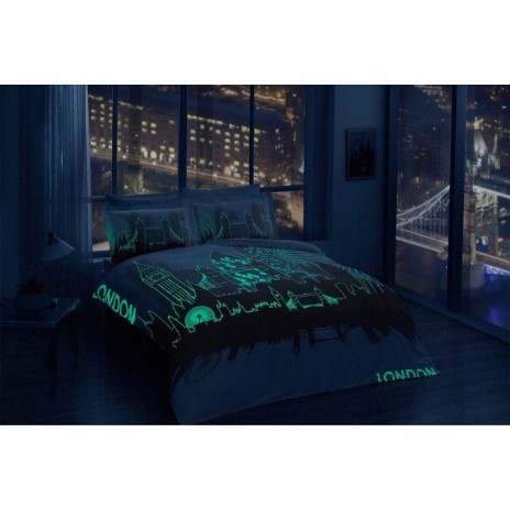 Lenjerie pat bumbac satinat 100% cu imprimeu fosforescent portocaliu și alb, model Glow London, 6 piese