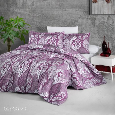 Lenjerie de pat bumbac satinat model Giralda cu model floral alb, accente geometrice și fundal mov intens