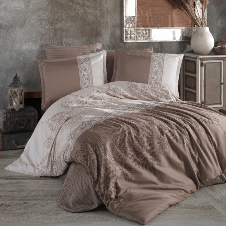 Lenjerie de pat satin de lux Lalin, design floral și geometric bej crem, 100% bumbac satinat, set 4 piese