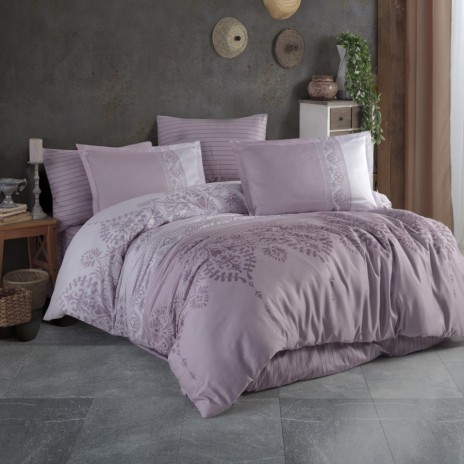 Lenjerie de pat satin de lux Lalin, design floral și geometric lila crem, 100% bumbac satinat, set 4 piese