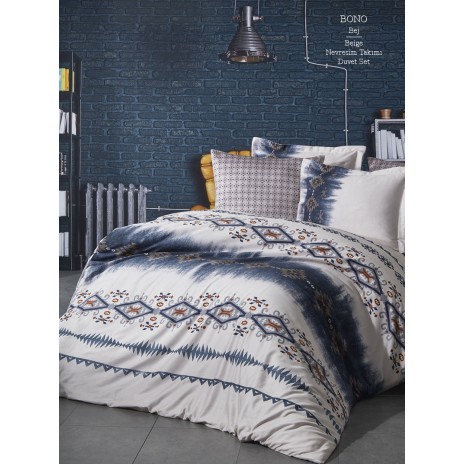 Lenjerie de pat din satin de lux model Bono bej-albastru cu design geometric și floral