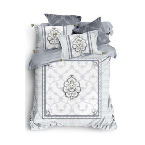 Lenjerie de pat din satin de lux model Cotto alb-gri cu design geometric și floral