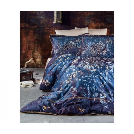 Lenjerie de pat din satin de lux model Damask albastru-auriu cu design damasc