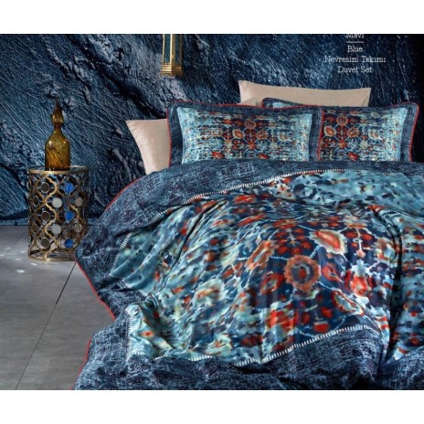 Lenjerie de pat din satin de lux model Ethnical albastru-portocaliu cu design etnic
