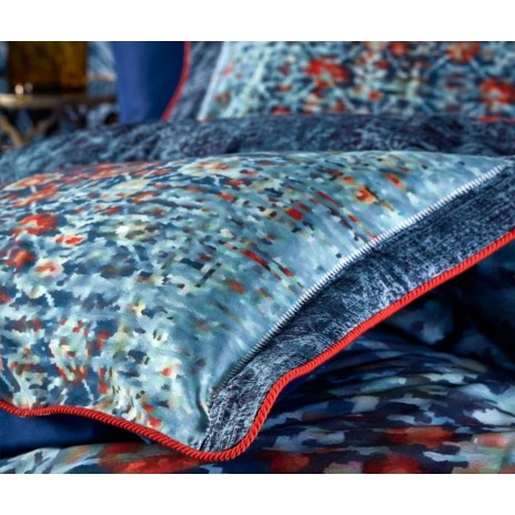 Lenjerie de pat din satin de lux model Ethnical albastru-portocaliu cu design etnic