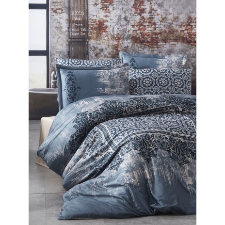 Lenjerie de pat din satin de lux model Exco albastru-crem cu design floral și geometric
