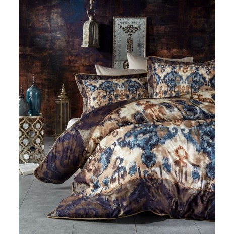 Lenjerie de pat din satin de lux albastru-maro cu design abstract