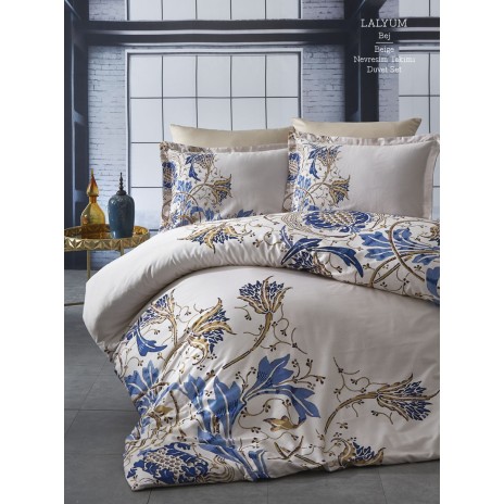 Lenjerie de pat din satin de lux model Lalyum bej-albastru cu design floral