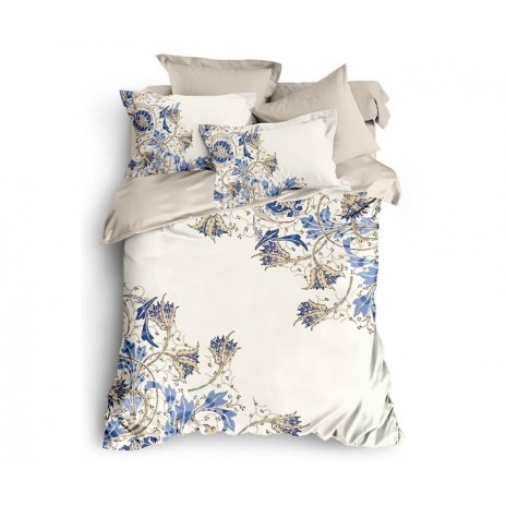 Lenjerie de pat din satin de lux model Lalyum bej-albastru cu design floral