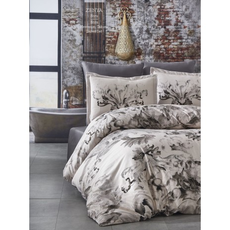 Lenjerie de pat din satin de lux model Zenya ecru-gri cu design floral