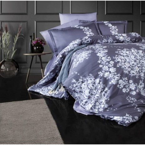 Lenjerie de pat bumbac satinat model Melrose cu model floral alb, accente elegante și fundal gri închis