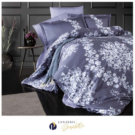 Lenjerie de pat bumbac satinat model Melrose cu model floral alb, accente elegante și fundal gri închis